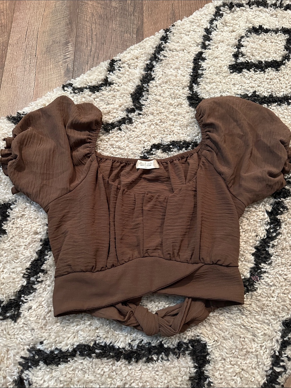 Altar'd State Brown Puff-Sleeve Tie-Back Crop Top